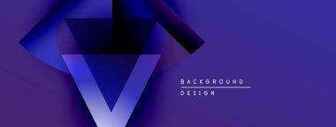 Soyut geometrik tasarım. Gradyan mor renkler dinamik şekiller yaratır. Derinlik, modern estetik. Metin arkaplan tasarımı okur.