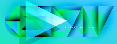 Soyut geometrik şekiller örtüşür, parlak mavi, yeşil eğimler yaratır. Metin, kompozisyon içinde arkaplan tasarımı okur. Modern, dinamik görsel.