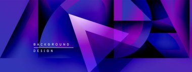 Soyut geometrik şekiller, canlı mavi mor gradyanlar. Modern tasarım elementleri dinamik görsel doku oluşturur. Arkaplanda parlak tipografi.
