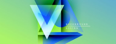 Soyut geometrik tasarım. Canlı mavi, yeşil gradyanlar katmanlı üçgen şekiller oluşturur. Metin elemanları ile modern arkaplan.