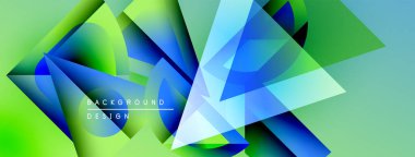 Soyut geometrik şekiller örtüşür, canlı gradyanlar yaratır. Mavi, yeşil renkler tasarıma egemen, modern estetiği çağrıştırıyor. Arkaplan metni mevcut.