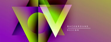 Soyut geometrik tasarım. Canlı mor, yeşil renkler üçgen şekiller oluşturur. Metin elemanları ile modern arkaplan.