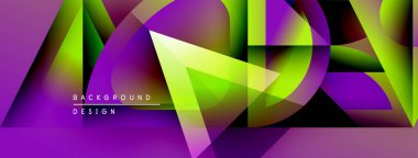 Soyut geometrik şekiller canlı mor, yeşil renkleri harmanlarlar. Dinamik kompozisyon modern arkaplan tasarımı yaratır. Yumuşak gradyanlar görsel ilgi sunar.