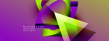 Soyut canlı tasarım, geometrik şekillerle örtüşen özellikler. Mor, sarı, yeşil renkler dinamik görsel efekt yaratır. Modern arkaplan ögesi.