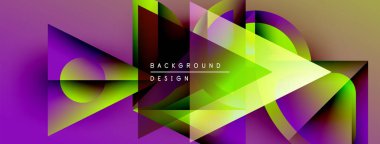 Soyut geometrik şekiller canlı mor, yeşil renkleri harmanlarlar. Modern tasarım dinamik üçgenler, eğriler, metin örtüsü içerir.