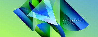 Soyut geometrik şekiller canlı mavileri, yeşillikleri harmanlarlar. Modern tasarım hareket, enerji, dinamik bileşim öneriyor. Işık eğimleri derinlik yaratır.