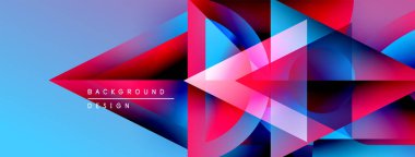 Soyut geometrik şekiller örtüşür, parlak mavi, pembe ve mor renkler yaratır. Modern tasarım elementleri dinamik hareket, görsel doku önerir.