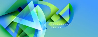 Soyut geometrik şekiller örtüşür, parlak mavi, yeşil eğimler yaratır. Modern tasarım teknoloji, yenilik ve enerji öneriyor.