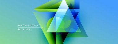 Soyut geometrik şekiller örtüşür, canlı bir değişim etkisi yaratır. Mavi, yeşil renkler tasarıma egemen, modern estetik.