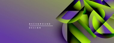 Soyut geometrik şekiller, canlı gradyanlar, mor renkler tasarımda baskın. Modern estetik, dinamik kompozisyon, gösterişli sunum.