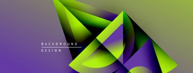 Soyut geometrik şekiller, mor ve yeşil renkleri harmanlarlar. Dinamik kompozisyon modern arkaplan tasarımı yaratır. Yumuşak gradyanlar görsel ilgi sunar.