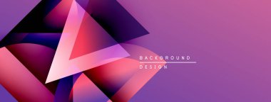 Soyut geometrik şekiller örtüşür, canlı pembeler, morlar, maviler yaratır. Gradyan arka plan modern tasarım unsurlarını öneriyor.