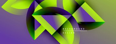 Soyut geometrik şekiller canlı mor, yeşil renkleri harmanlarlar. Modern tasarım dinamik görsel etki yaratır. Arkaplanda metin ögeleri.