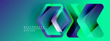 Soyut geometrik şekiller, canlı gradyanlar. Mavi, yeşil, mor renkler modern tasarım unsurları yaratır. Arkaplan dokusu görünür.