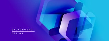 Soyut geometrik şekiller örtüşür, parlak mavi ve mor renkler yaratır. Modern tasarım teknoloji, yenilik, dinamik enerji öneriyor.