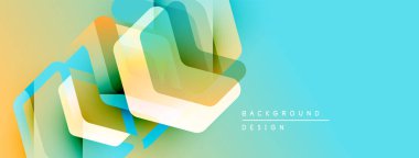 Soyut geometrik şekiller örtüşür, canlı katmanlı bir etki yaratır. Renkler harmanlanmış, turuncu, yeşil, mavi. Modern tasarım ögesi.