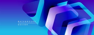 Soyut geometrik şekiller örtüşerek canlı mavi gradyan arkaplan oluşturur. Modern tasarım elementleri teknoloji ve yenilik öneriyor.