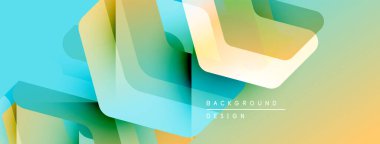 Soyut geometrik şekiller örtüşür, canlı gradyanlar yaratır. Turkuaz, sarı, yeşil renkler tasarımda baskın. Modern estetik.