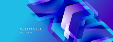 Soyut geometrik şekiller parlak mavi arkaplanla örtüşür. Modern tasarım elementleri dinamik görsel doku oluşturur. Temiz çizgiler, mevcut gradyanlar.