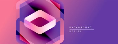 Soyut geometrik tasarım. Altı köşeli şekil ve katmanlı saydam elementler. Değişik renkler, mor, pembe renkler kompozisyona hakim. Modern estetik.