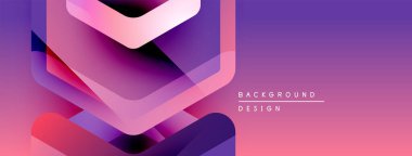 Soyut geometrik şekiller mor, pembe renkleri harmanlarlar. Gradyan arka plan modern görsel efekt yaratır. Metin arkaplan tasarımı okur.