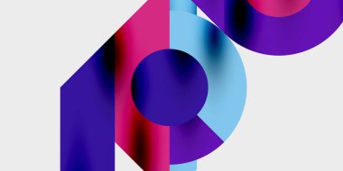 Soyut şekiller örtüşüyor, canlı renk değişimleri yaratıyor. Modern tasarım, beyaz arka plana karşı mor, mavi ve pembe renkler kullanır.