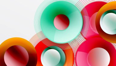 Soyut daireler çakışıyor, canlı geometrik desenler yaratıyor. Kırmızı, yeşil, turuncu, pembe renkler kompozisyona hakim. Modern tasarım elemanları.