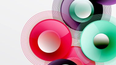 Üst üste binen daireler ve çizgiler içeren soyut bir kompozisyon. Canlı pembe, deniz mavisi, mor renkler dizaynda baskın. Modern, geometrik estetik.