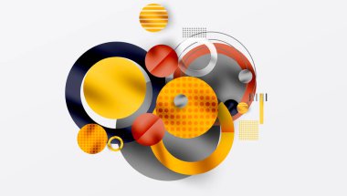 Soyut kompozisyon. Çemberler, çizgiler, noktalar dinamik görsel efekt yaratır. Modern tasarım, parlak renkler, geometrik şekiller mevcut.