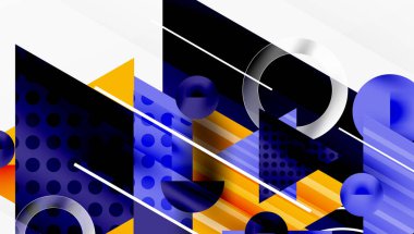 Soyut geometrik bileşim. Şekiller çakışıyor, dinamik görsel etki yaratıyor. Mavi, sarı, beyaz baskın tasarım. Modern estetik.