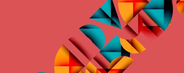 Soyut geometrik şekiller çakışıyor, dinamik görsel ilgi yaratıyor. Turuncu, deniz mavisi, kırmızı renkler pembe arkaplana hakim. Modern tasarım.