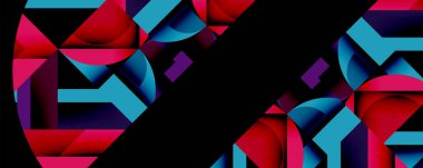 Soyut geometrik şekiller, canlı renkler, katmanlı tasarım. Modern illüstrasyon, dinamik kompozisyon, cesur görsel etki.