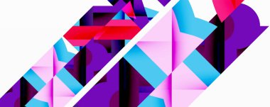 Soyut geometrik şekiller, canlı renkler, çapraz çizgiler dinamik bileşim oluşturur. Modern tasarım, temiz estetik, kalın zıtlıklar mevcut.