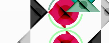 Soyut geometrik bileşim. Pembe daireler kesişiyor, üçgenler, kareler ve gri şekillerle çerçeveleniyor. Minimalist tasarım, temiz çizgiler, modern estetik..