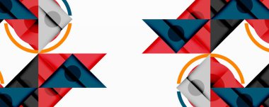 Geometrik şekiller tekrar ediyor, simetrik desen yaratıyor. Kırmızı, gri, deniz mavisi, turuncu renkler tasarımda baskın. Minimalist estetik.