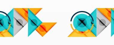 Soyut geometrik şekiller, canlı renkler, modern tasarım. Üst üste binen üçgenler, daireler dinamik bileşim oluşturur. Temiz çizgiler, minimalist estetik.