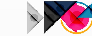 Soyut geometrik şekiller örtüşür ve canlı bir bileşim yaratır. Daireler, üçgenler, dikdörtgenler beyaz zeminde kesişiyor. Modern tasarım.