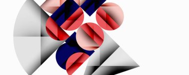 Soyut geometrik bileşim. Çemberler, üçgenler kesişir, dinamik görsel efekt yaratır. Kırmızı, deniz ve gri tonlarda beyaz arkaplan hakim.