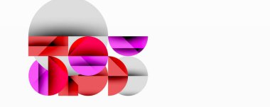 Üst üste binen daireler, pembeler, kırmızılar, beyazlar içeren soyut bir kompozisyon. Modern tasarım, minimalist estetik, geometrik şekiller mevcut.