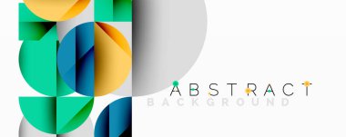 Geometrik şekiller örtüşür, canlı renk blokları oluşturur. Modern tasarım temiz çizgiler, gradyanlar, ince metin örtüsü içerir.