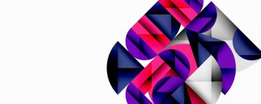 Soyut geometrik şekiller, canlı pembeler, morlar, maviler. Modern tasarım, temiz çizgiler, minimalist estetik. Kompozisyon dinamik etkileşime odaklanır.