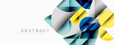 Geometrik şekiller örtüşür, canlı ve soyut bir bileşim yaratır. Mavi, sarı, gri baskın tasarım. Modern estetik.