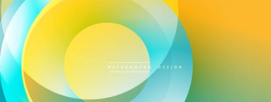 Soyut, enerjik çemberler çakışıyor. Sarı, turuncu, turkuaz renkler karışımı pürüzsüz gradyanlar yaratır. Arka planlar için modern tasarım ögesi.
