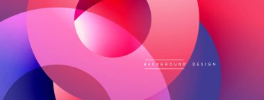 Soyut, canlı, üst üste binen daireler dinamik pembe, mor, mavi eğimler yaratır. Arkaplan ve sunumlar için modern tasarım ögesi.