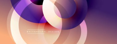 Soyut çemberler çakışıyor, canlı gradyanlar yaratıyor. Sıcak portakal serin mora karışıyor. Arka planlar için modern tasarım ögesi.