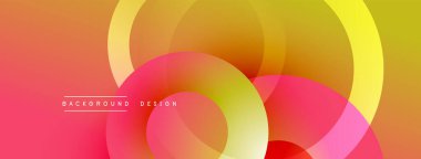 Soyut, enerjik tasarım, üst üste binen daireler. Renkler kırmızıdan sarıya karışır ve dinamik görsel efekt yaratır. Modern, pürüzsüz gradyanlar.