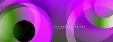 Soyut daireler örtüşüyor, canlı mor, yeşil gradyanlar yaratıyor. Arkaplan, pankart ve sunumlar için modern tasarım ögesi.
