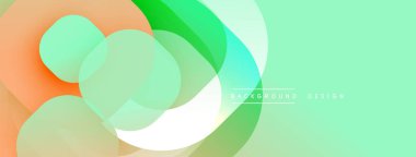 Soyut sıvı şekilleri örtüşür ve canlı renk değişimleri yaratır. Nane arkaplanı turuncu ve yeşil renkleri tamamlar. Modern tasarım ögesi.