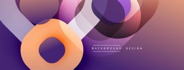 Soyut tasarım özellikleri üst üste binen daireler, gradyanlar. Mor, turuncu renkler kompozisyona hakim. Modern, dinamik görsel element.