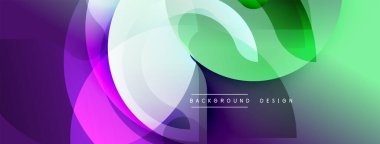 Soyut renkli arkaplan. Üst üste binen şekiller dinamik akış yaratır, mor, yeşil renkler dizaynda baskın olur. Modern estetik.